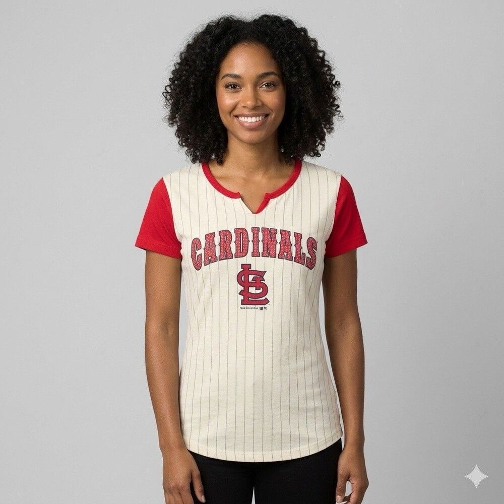 Genuine MLB St Louis Cardinals Ladies L Pinstripe Jersey Style Shirt Red Cream